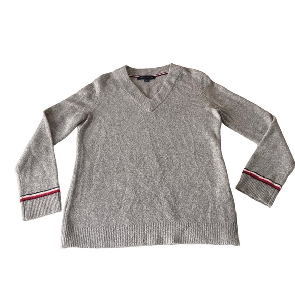 Tommy Hilfiger Light Grey Hilfiger Flag Knit Varsity V-Neck Sweater Women Med - Picture 6 of 10